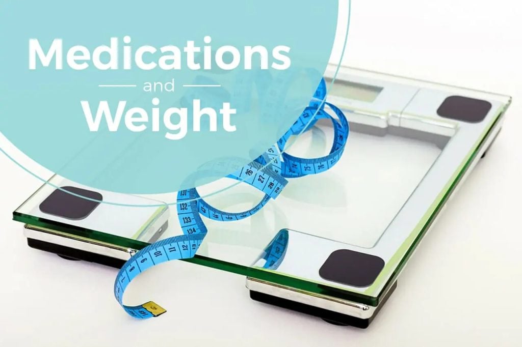 a measuring tape on a scale with the words medications and weight above it