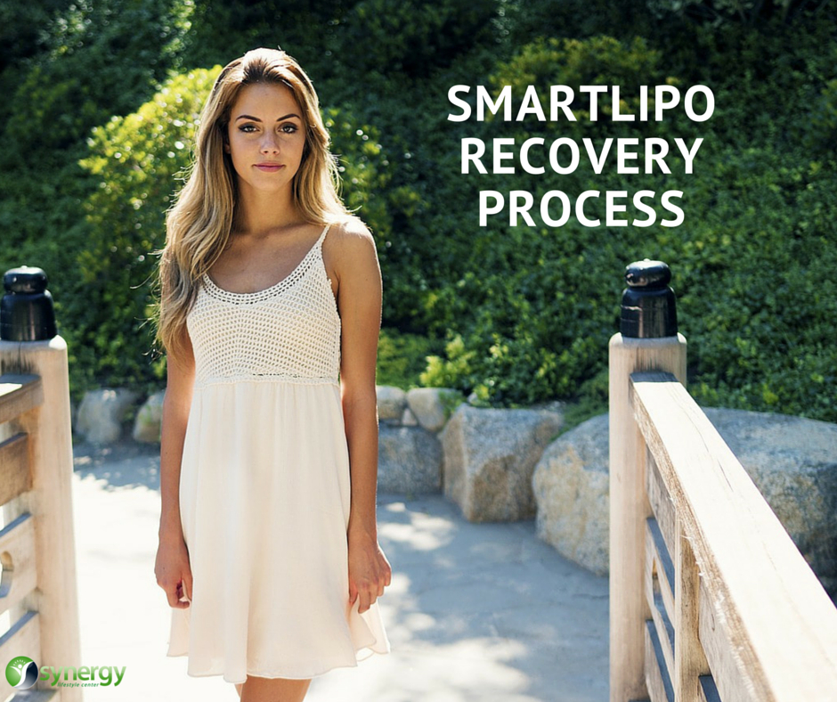 a woman in a white dress stands in front of a sign that says smartlipo recovery process