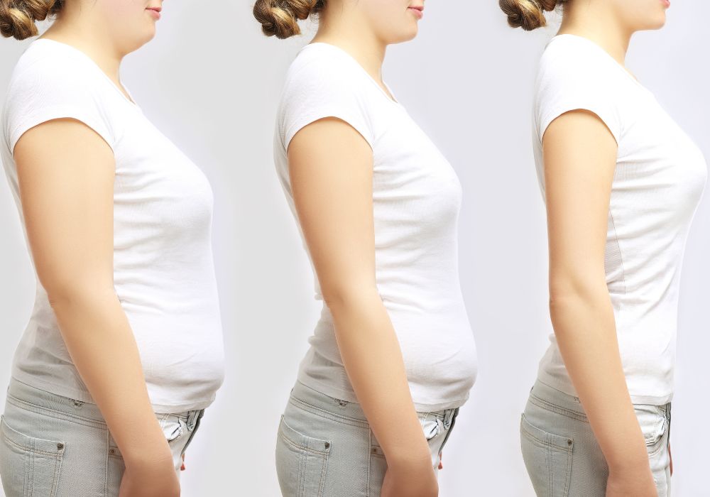 a woman 's torso is shown in three different stages of weight loss